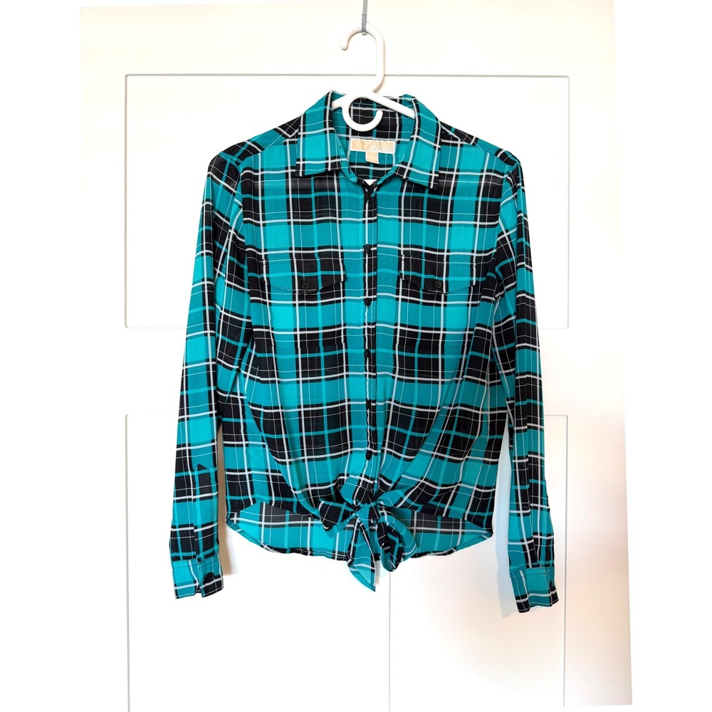 Michael Kors Teal Plaid Sheer Polyester Tie Front Relaxed Top XS Preppy Modern